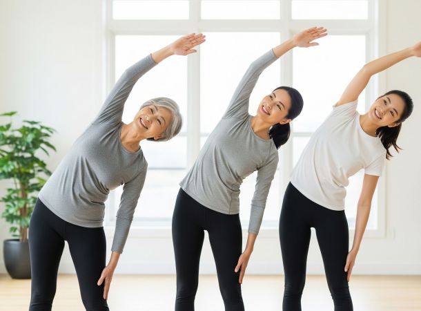 Trois femmes d'âges différents — une jeune adulte, une femme d'âge mûr et une senior — effectuant ensemble un exercice d'étirement doux.