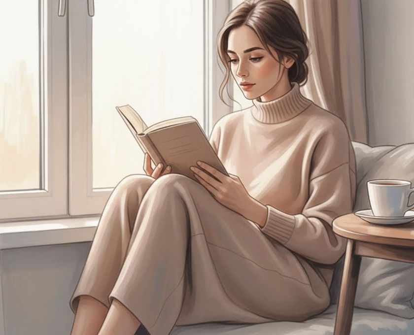 Woman reading with a mug by a window — gentle morning learning moment