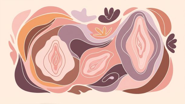 An abstract illustration featuring stylized representations of diverse vulva shapes, depicted with gentle curves and layered petals in soft pinks, purples, and earthy tones.