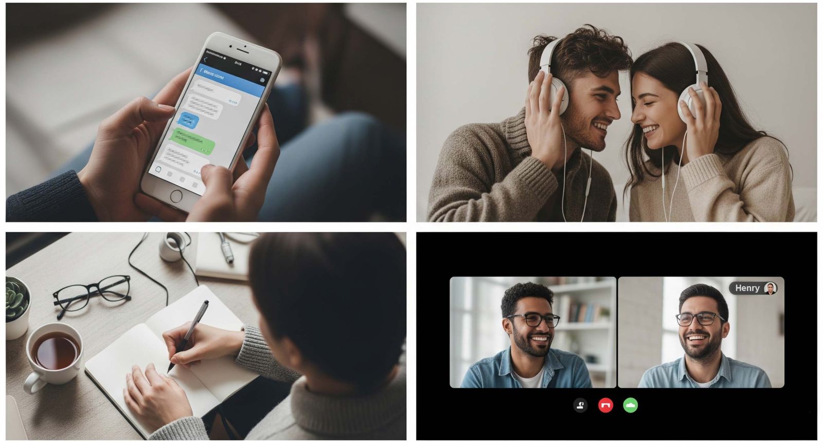 Four-panel image showing digital and in-person moments of Gen Z connection: messaging, shared music, solitary reflection, and a video call.