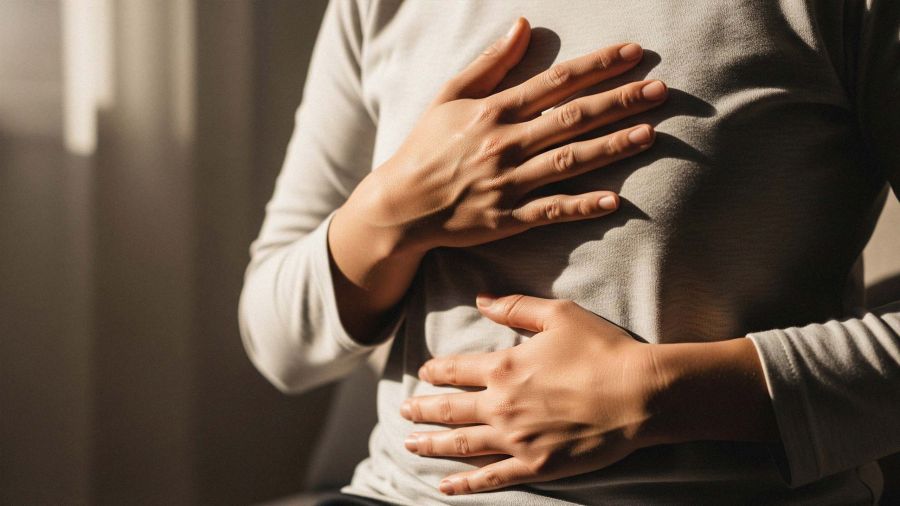 Hands gently resting on chest and abdomen, seated in natural light