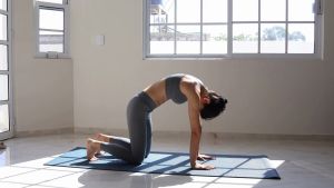 Femme pratiquant des étirements doux sur un tapis de yoga