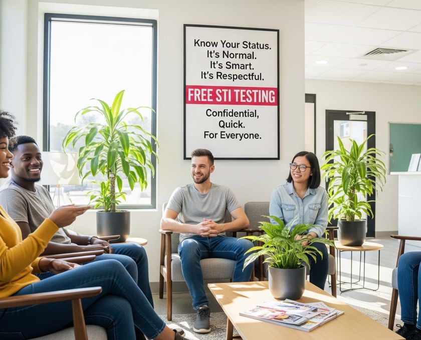 Two couples in a waiting area in a clinic for STI testing before having sex for the first time, symbolizing shared responsibility for sexual health.