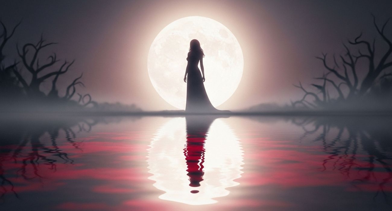 Illustration of a woman under a full moon representing ancient menstrual myths