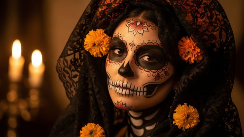 Retrato elegante de La Catrina con velo de encaje, cempasúchil y velas