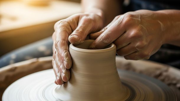 Manos diversas dando forma colaborativamente a una pieza de arcilla en un torno de alfarero, simbolizando la expresión creativa compartida a través de las culturas.