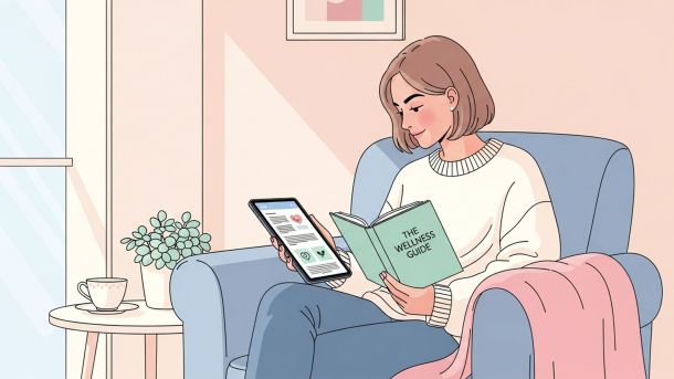 Illustration of a woman reading a health guide on her laptop in soft pastel tones, representing learning accurate information about female anatomy.